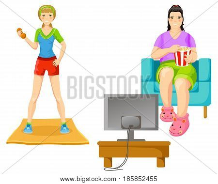 Weight loss concept with athletic slim girl doing exercises and fat woman sitting in armchair eating popcorn watching tv vector illustration