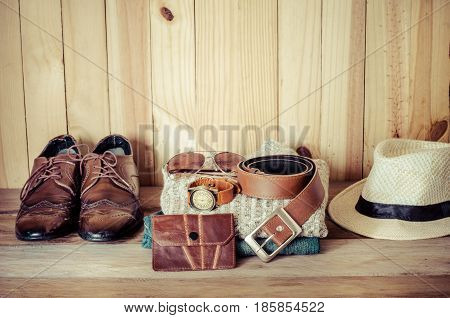 Clothing for men on the wooden floor