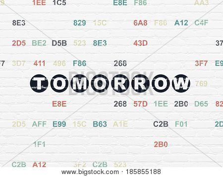Timeline concept: Painted black text Tomorrow on White Brick wall background with Hexadecimal Code