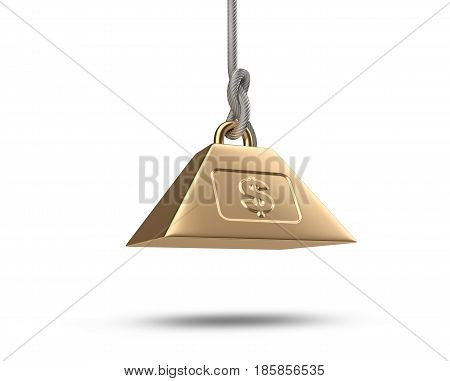 Weight with dollar symbol tied on a rope. 3d illustration isolated on a white background.