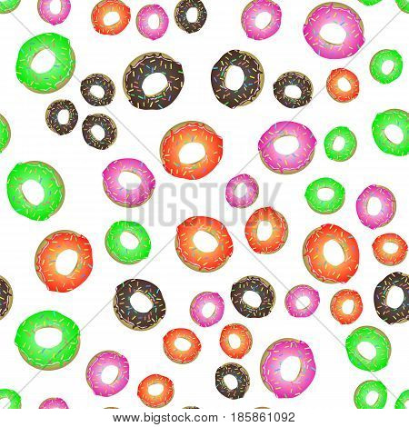 Colorful Fresh Sweet Donuts Seamless Pattern on White Background. Delicious Tasty Glazed Donut. Cream Yummy Cookie.