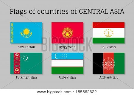 Set of flags of Central Asian countries: Tajikistan and Kazakhstan, Kyrgyzstan, Turkmenistan, Afghanistan and Uzbekistan. Collection with 6 signs of Asian states. Vector isolated icons