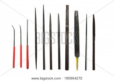 Various metal working files isolated on white.