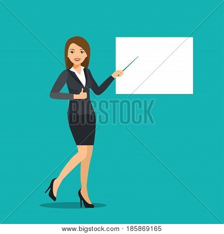Businesswoman giving a presentation. Thumb up. Vector flat illustration