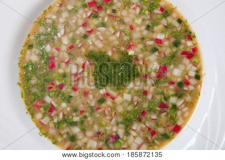 Russian Cold Vegetable Soup On Yogurt, Sour-milk Base - Okroshka
