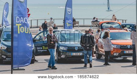 Sables d Olonne France - May 07 2017 : Dacia Tour 2017 is a commercial operation organized by the car builder in order to present its cars throughout France - General plan of the event
