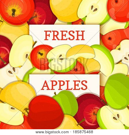 Two white rectangle label on apple fruit background. Vector card illustration. Ripe fresh and juicy appless fruits whole and slice for design of food packaging juice breakfast detox diet, jam