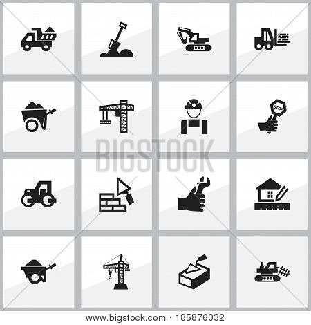 Set Of 16 Editable Building Icons. Includes Symbols Such As Endurance, Home Scheduling, Facing And More. Can Be Used For Web, Mobile, UI And Infographic Design.
