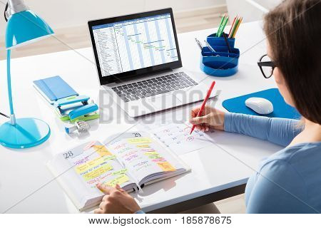 Businesswoman Marking Schedule On Calendar With Gantt Chart On Laptop Screen