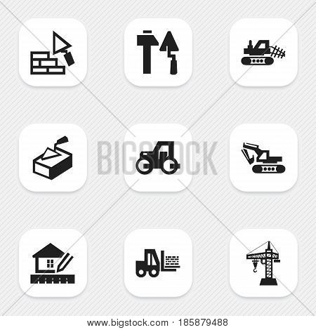 Set Of 9 Editable Structure Icons. Includes Symbols Such As Mule, Elevator, Caterpillar And More. Can Be Used For Web, Mobile, UI And Infographic Design.