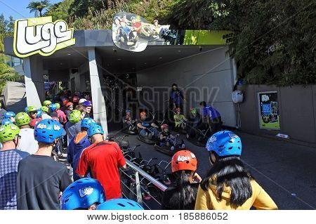 People Line Up To Skyline Rotorua Luge Ride