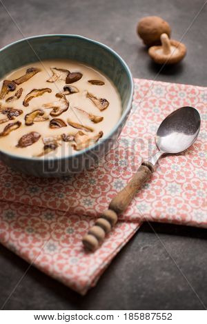 Creamy Mushroom Soup In Bowl On Stone Background. Homemade Mushrooms Pottage Puree.