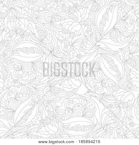 Seamless monochrome swirly pattern vector background. Hand drawn floral texture