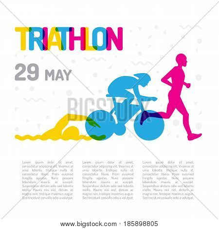 Banner on the theme of sport, triathlon. Silhouettes of athletes, swimmer, cyclist, runner, drawn on a white isolated background, the layout is made with place for text.