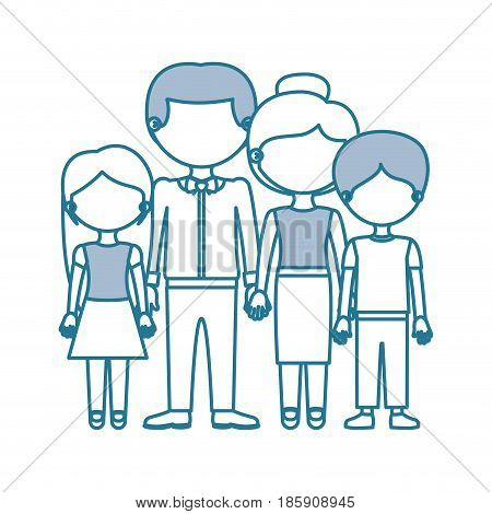 blue contour with color sections faceless family group in formal suit and taken hands vector illustration