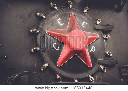 Old Soviet steam locomotive. Retro stylization color