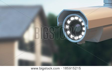 Surveillance camera with house on backrgound, 3d render illustration