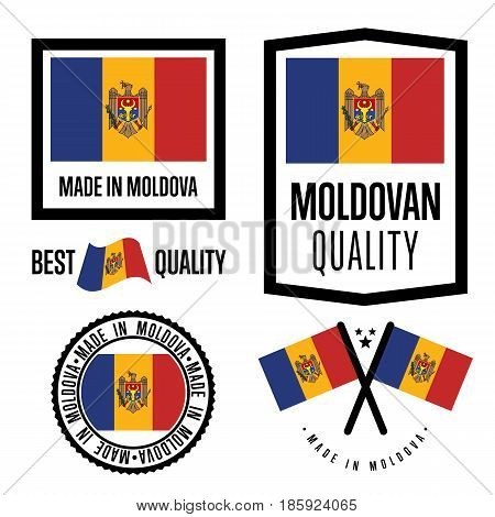 Moldova quality isolated label set for goods. Exporting stamp with moldovan flag, nation manufacturer certificate element, country product vector emblem. Made in Moldova badge collection.