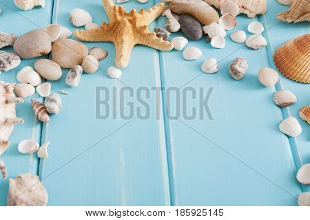 Seashells on blue wood, sea vacation background with copy space on wooden planks