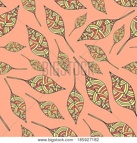 Vector seamless pattern leaves with line orange yellow red