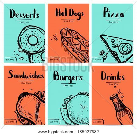 Fast food vintage hand drawn graphic design set. Restaurant menu vector illustration with burger, pizza, dessert, drink, hot dog. Cafe price catalog, junk food retro poster with snack linear sketches