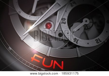 Vintage Wrist Watch with Fun on the Face, Symbol of Time. Fun - Black and White Close Up of Wristwatch Mechanism. Time and Business Concept with Glow Effect and Lens Flare. 3D Rendering.