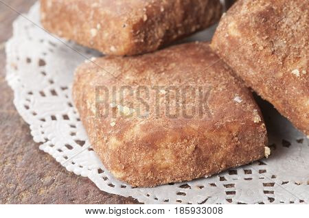 Pastry spisy on a timber board close up