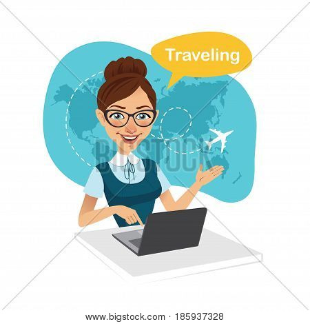 Travel agency banner. Woman sitting at table in office. Travel agent working for laptop. Travel concept.