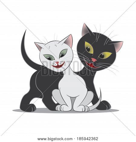 Vector illustration depicting white cat and black cat on a white background