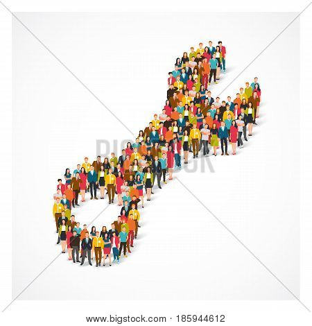 Large group of people stand in the shape of a wrench. Vector illustration on white background. Concept of repair. Find a repairman.