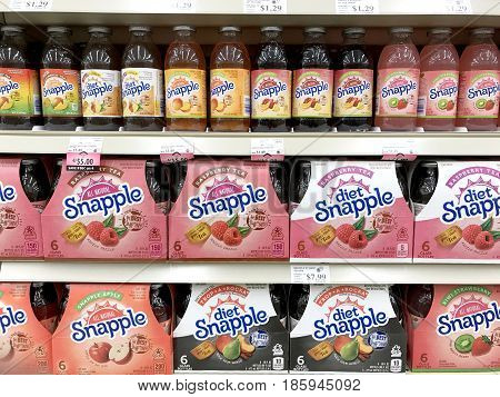 Spencer Wisconsin May 11 2017 Several bottles of Snapple beverages on a modern grocery store shelf Snapple is a product of the Dr Pepper Snapple Group based in America