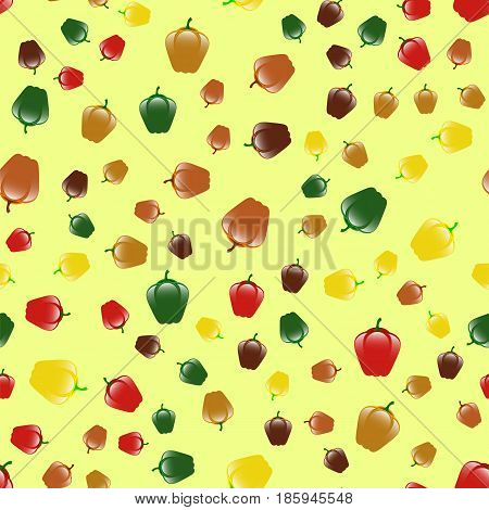 Fresh Sweet Colored Red Green Yellow Bell Peppers Seamless Pattern on Yellow Background