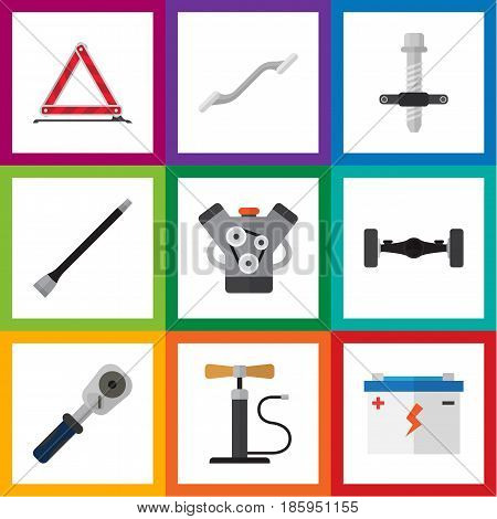 Flat Auto Set Of Motor, Coupler, Wheel Pump And Other Vector Objects. Also Includes Warning, Suspension, Battery Elements.