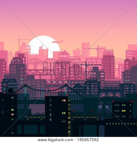 Vector illustration of urban houses and sites in pink sunset lights.