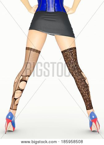 Long slender sexy legs woman. Short skirt. Black stockings mesh. High heels. Provocative liberated pose. 3D rendering. Isolate. Conceptual fashion art.