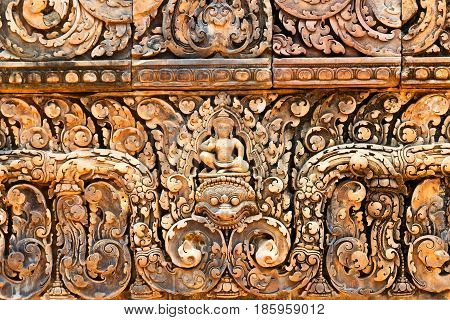 Bas-relief in Bantey Srei temple in Siem Reap, Cambodia.