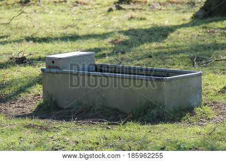 A Galvanised Metal Animal Water Trough in a Farm Field.