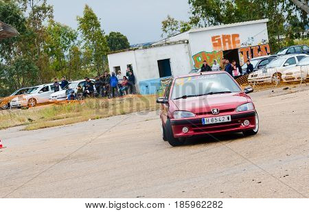 Caia Portugal - April 30 2017: Unidentified driver participates in a drifting demonstration at Drift Garnd Prix of Caia Contest.