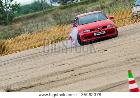 Caia Portugal - April 30 2017: Unidentified driver participates in a drifting demonstration at Drift Garnd Prix of Caia Contest.