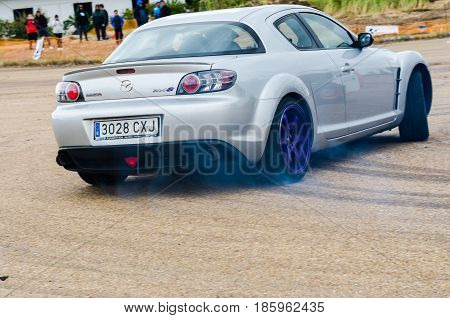 Caia Portugal - April 30 2017: Unidentified driver participates in a drifting demonstration at Drift Garnd Prix of Caia Contest.