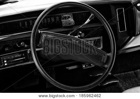 PAAREN IM GLIEN GERMANY - MAY 19: Cab full-size car Chevrolet Caprice Coupe 1973 (black and white) 
