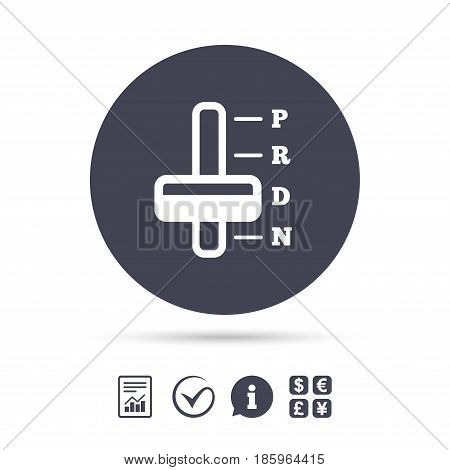 Automatic transmission sign icon. Auto car control symbol. Report document, information and check tick icons. Currency exchange. Vector