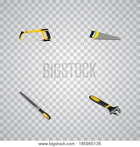 Realistic Hacksaw, Wrench, Arm-Saw And Other Vector Elements. Set Of Kit Realistic Symbols Also Includes Sawmill, Emery, Arm Objects.