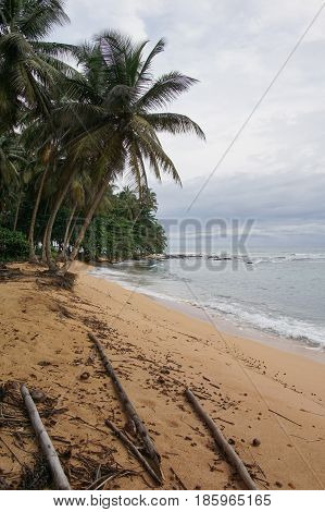 Praia Inhame on an overcast and rainy day, Sao Tome and Principe, Africa
