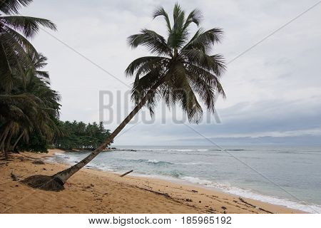 Praia Inhame on an overcast and rainy day, Sao Tome and Principe, Africa