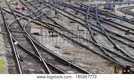 STOCKHOLM SWEDEN - MAY 01 2017: Lots of curved train tracks on the switchyard or marshalling yard. May 01 2017 in Stockholm Sweden