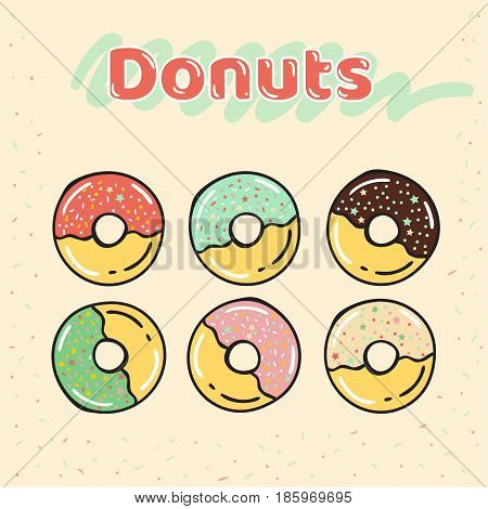 Colorful set of half-glazed donuts with caramel and sweets. Donuts vector set isolated on a beige background in a modern flat style. Vector illustration