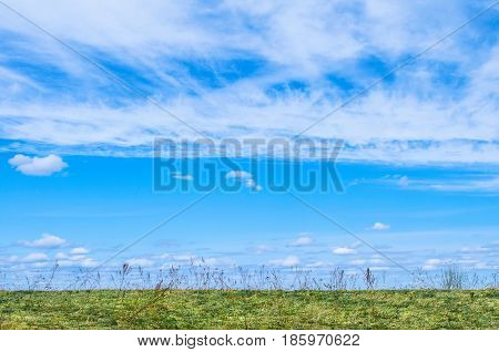 Blue Sky For The Background And White Cirrus, Cirrus-like Clouds Under The Field And Grass.
