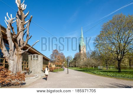 LINKOPING, SWEDEN - MAY 2, 2017: Linkoping cathedral on  a sunny spring day. The cathedral is about 800 years old.