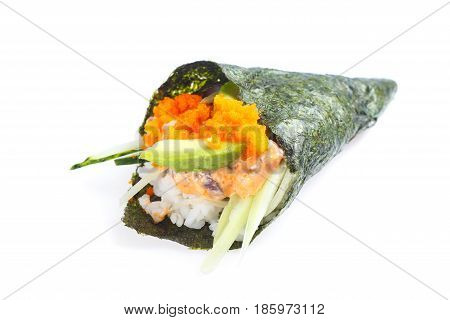 Hand Roll With Tune, Ginger Sauce, Flying Fish Roe, Avocado And Cucumber